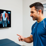 A professional physical therapist, a man in his mid-30s with an empathetic expression, stands next to a female client, an active woman in her late 20s. They are in a modern, brightly lit physical therapy clinic with advanced diagnostic equipment visible, including a large screen displaying a high-resolution muscle scan. The therapist is pointing to the screen, explaining findings, while the client listens attentively. Both are fully clothed in modest, professional athletic wear. Perfect anatomy, correct proportions, natural pose, well-formed hands, proper finger count. High-quality professional photography, safe for work, appropriate content, fully clothed, professional.