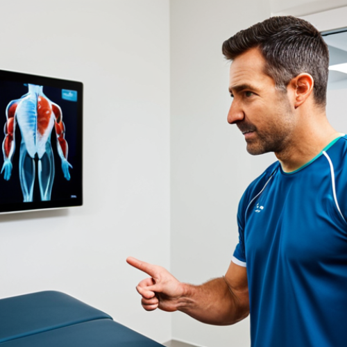 A professional physical therapist, a man in his mid-30s with an empathetic expression, stands next to a female client, an active woman in her late 20s. They are in a modern, brightly lit physical therapy clinic with advanced diagnostic equipment visible, including a large screen displaying a high-resolution muscle scan. The therapist is pointing to the screen, explaining findings, while the client listens attentively. Both are fully clothed in modest, professional athletic wear. Perfect anatomy, correct proportions, natural pose, well-formed hands, proper finger count. High-quality professional photography, safe for work, appropriate content, fully clothed, professional.