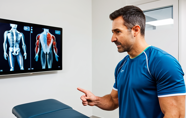 A professional physical therapist, a man in his mid-30s with an empathetic expression, stands next to a female client, an active woman in her late 20s. They are in a modern, brightly lit physical therapy clinic with advanced diagnostic equipment visible, including a large screen displaying a high-resolution muscle scan. The therapist is pointing to the screen, explaining findings, while the client listens attentively. Both are fully clothed in modest, professional athletic wear. Perfect anatomy, correct proportions, natural pose, well-formed hands, proper finger count. High-quality professional photography, safe for work, appropriate content, fully clothed, professional.