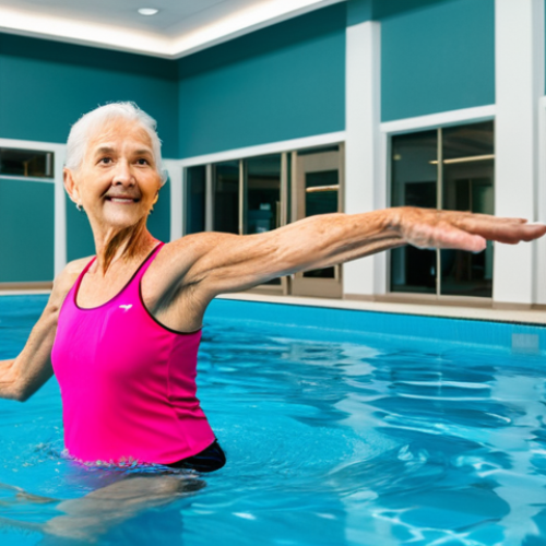 Exercise for Osteoarthritis**

A senior woman, fully clothed in athletic wear and appropriate attire, participating in a water aerobics class at an indoor pool, safe for work, modest swimwear, professional guidance from an instructor visible in the background, natural pose, perfect anatomy, correct proportions, high quality, family-friendly.

**