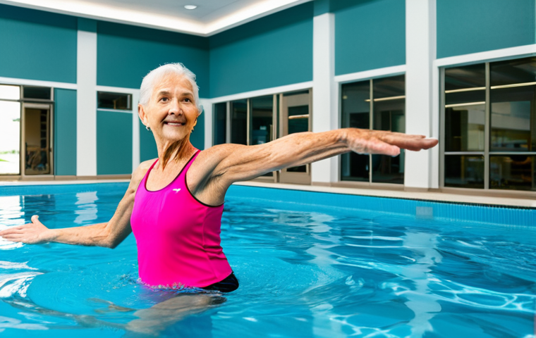 Exercise for Osteoarthritis**

A senior woman, fully clothed in athletic wear and appropriate attire, participating in a water aerobics class at an indoor pool, safe for work, modest swimwear, professional guidance from an instructor visible in the background, natural pose, perfect anatomy, correct proportions, high quality, family-friendly.

**