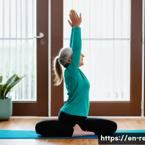 뇌졸중 회복 운동 루틴 - A serene indoor rehabilitation setting showing a middle-aged stroke survivor performing gentle seate...