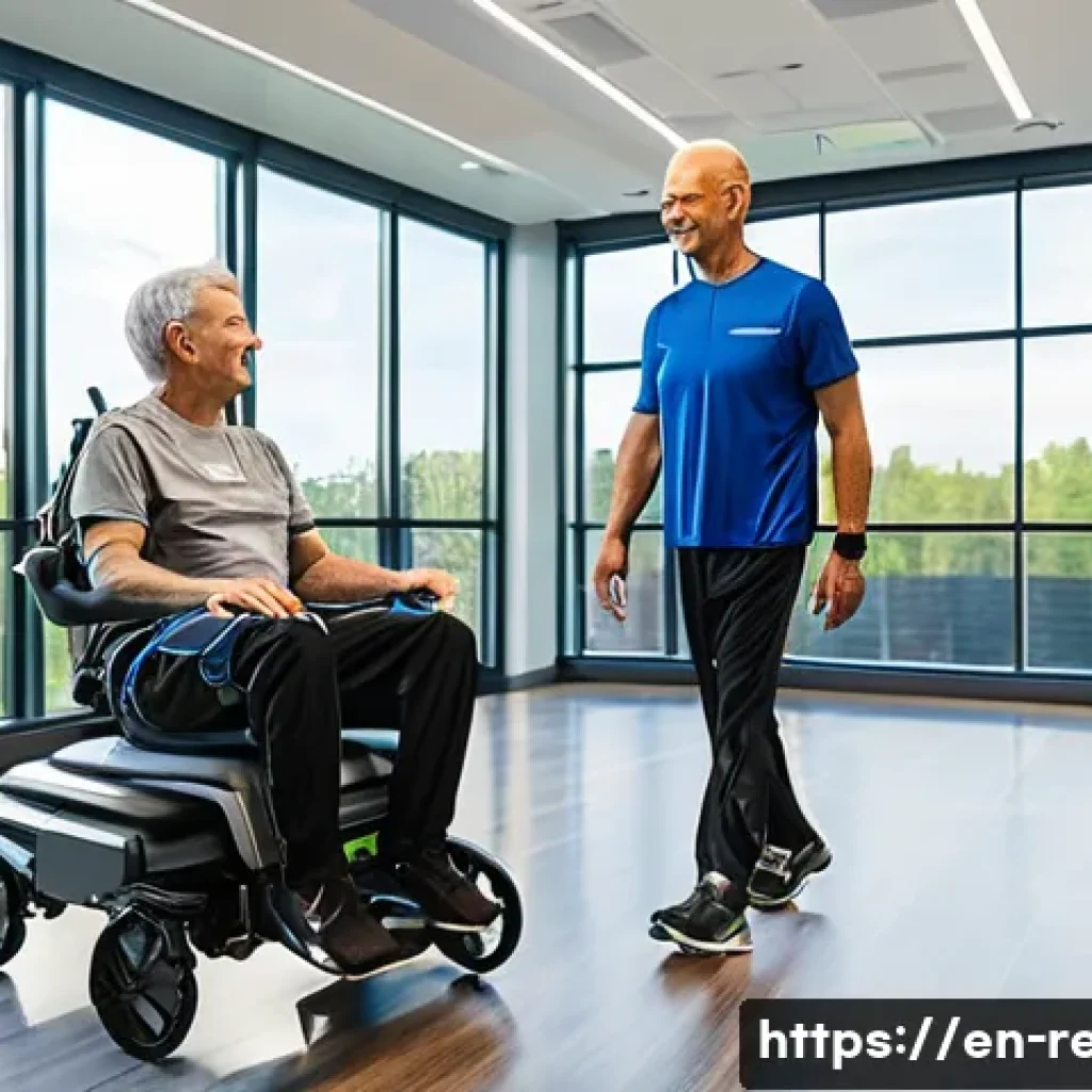 사지마비 재활센터 비교 - A modern rehabilitation center room featuring a middle-aged male patient wearing comfortable athleti...