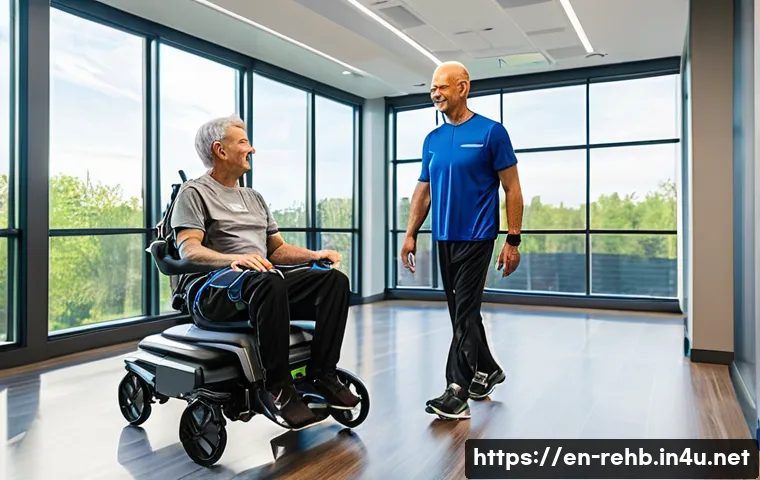 사지마비 재활센터 비교 - A modern rehabilitation center room featuring a middle-aged male patient wearing comfortable athleti...