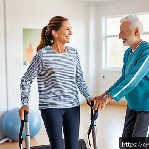 뇌졸중 재활 치료 기간 - A compassionate physical therapy session in a modern rehabilitation center, featuring a middle-aged ...