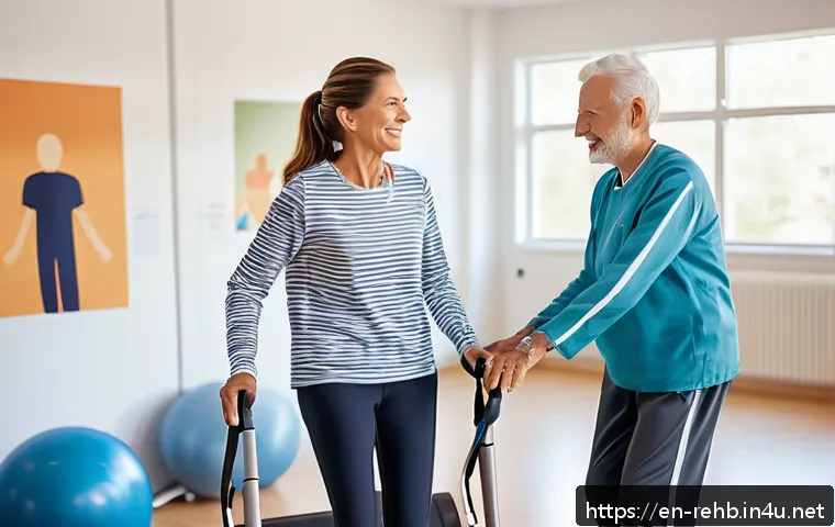 뇌졸중 재활 치료 기간 - A compassionate physical therapy session in a modern rehabilitation center, featuring a middle-aged ...