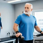 재활운동 부작용 관리 - A middle-aged man performing gentle rehabilitation exercises in a bright, modern physical therapy cl...