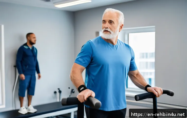 재활운동 부작용 관리 - A middle-aged man performing gentle rehabilitation exercises in a bright, modern physical therapy cl...