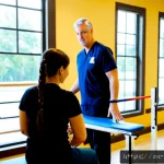 재활치료 의료보험 적용 기준 - Photorealistic American outpatient rehabilitation clinic, a fully clothed middle-aged patient in ath...