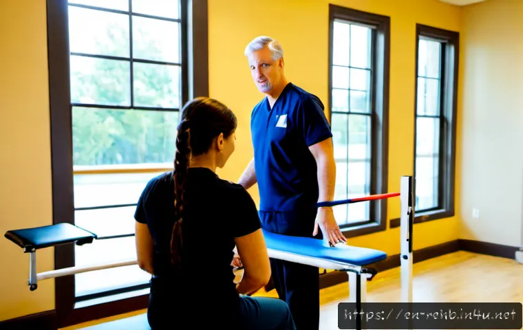 재활치료 의료보험 적용 기준 - Photorealistic American outpatient rehabilitation clinic, a fully clothed middle-aged patient in ath...