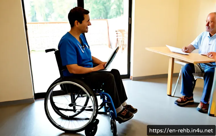 Home 17 척추 손상 환자 지원 프로그램 - Photorealistic rehabilitation support program meeting in a bright accessible community health center...