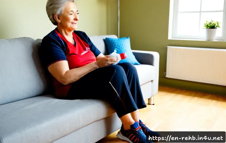 재활운동 후 부작용 예방 - Photorealistic home rehabilitation scene, an older adult in comfortable athletic clothing performing...