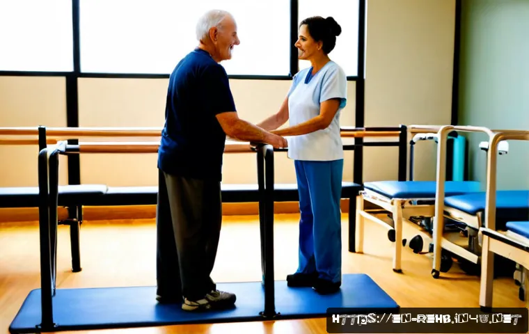 뇌졸중 재활 의료보험 적용 - Photorealistic hospital rehabilitation gym in the United States, an older adult stroke survivor full...